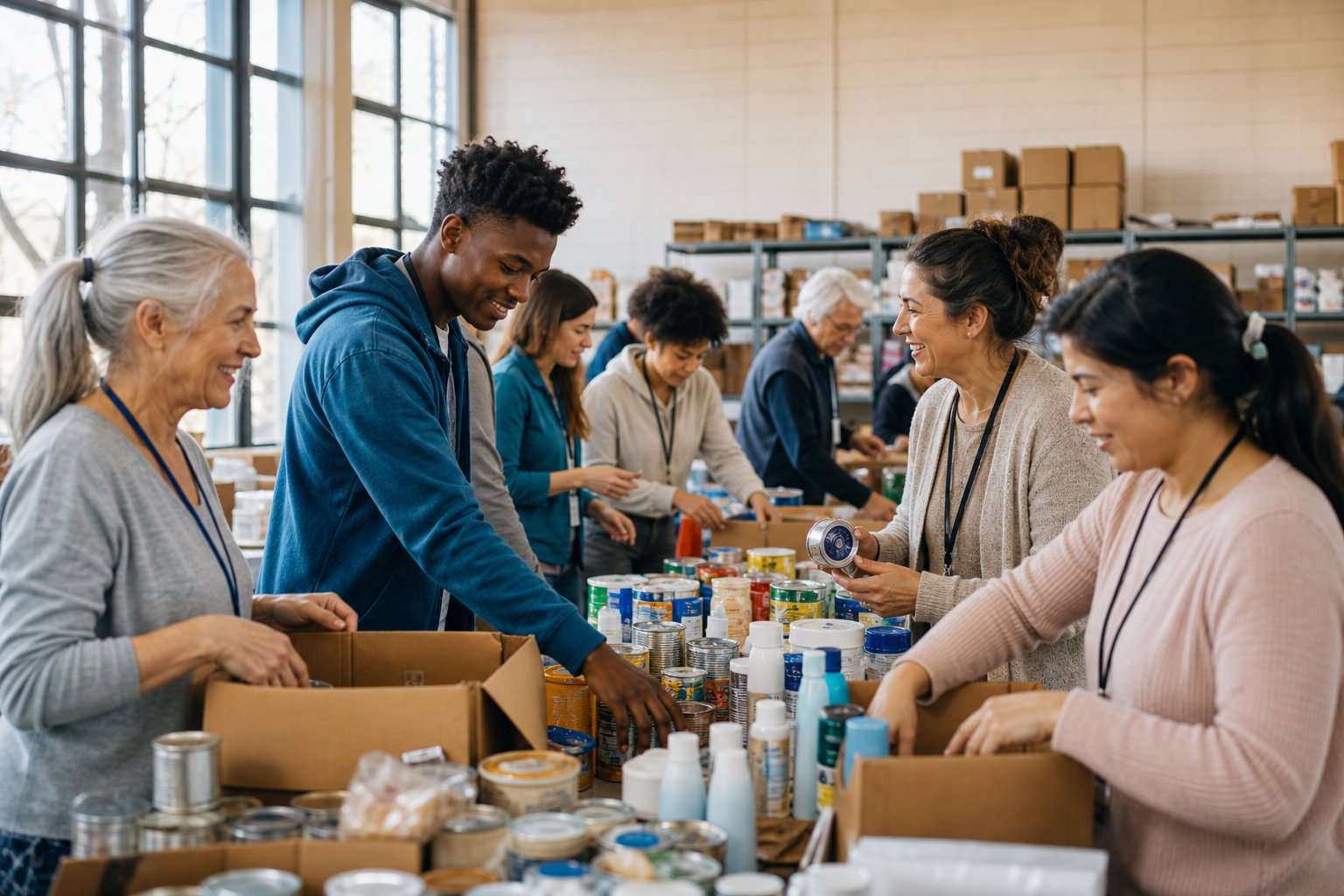 Food pantry volunteers sorting donations